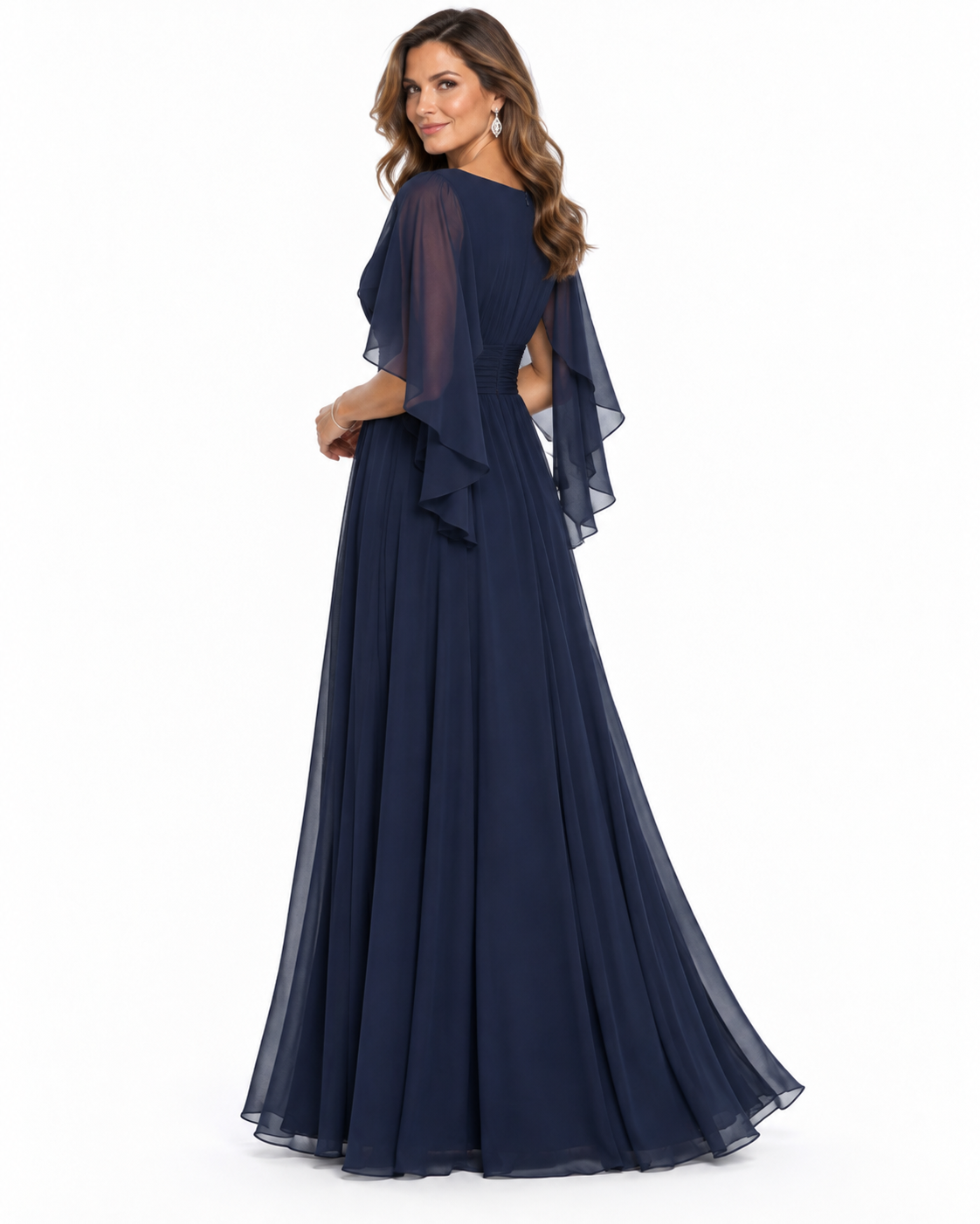 Celeste Cape Chiffon Gown - navy back view
