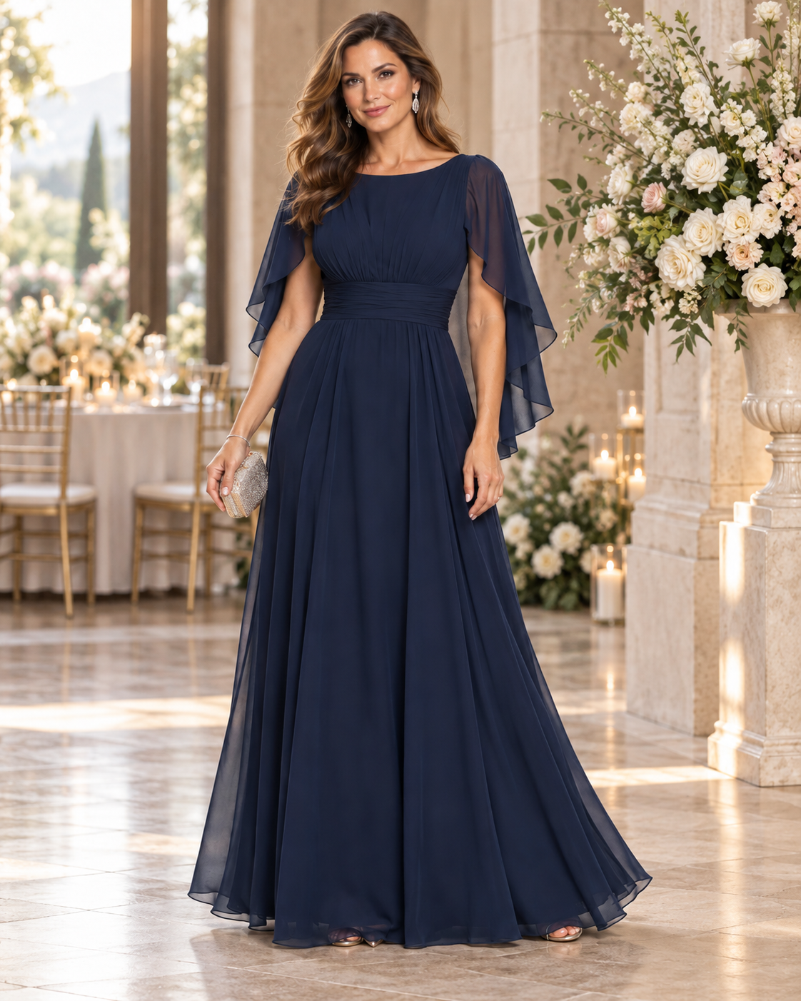 Celeste Cape Chiffon Gown - wedding occasion styling