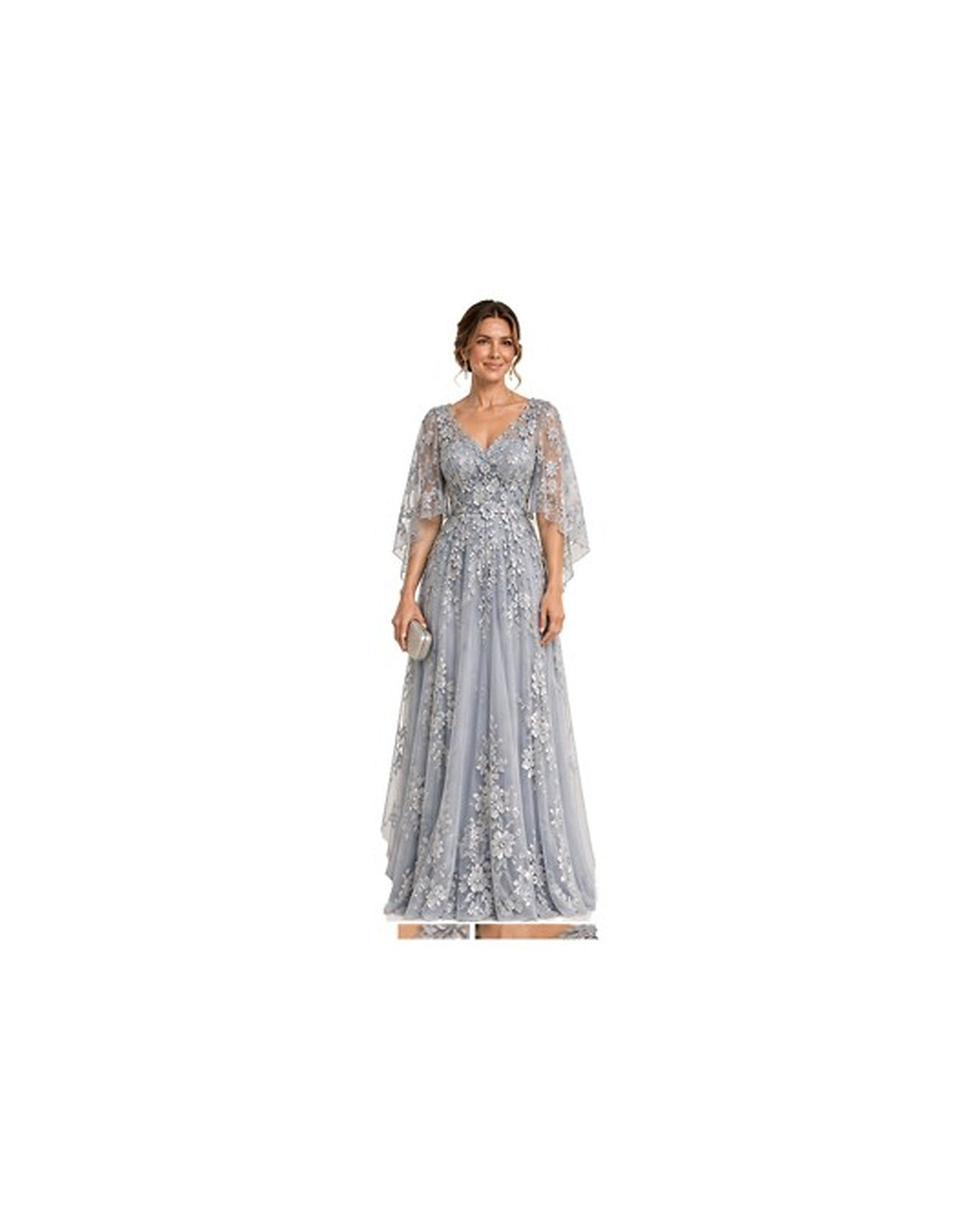 Elise Lace Cape A-Line Gown - Dusty Blue HD color image