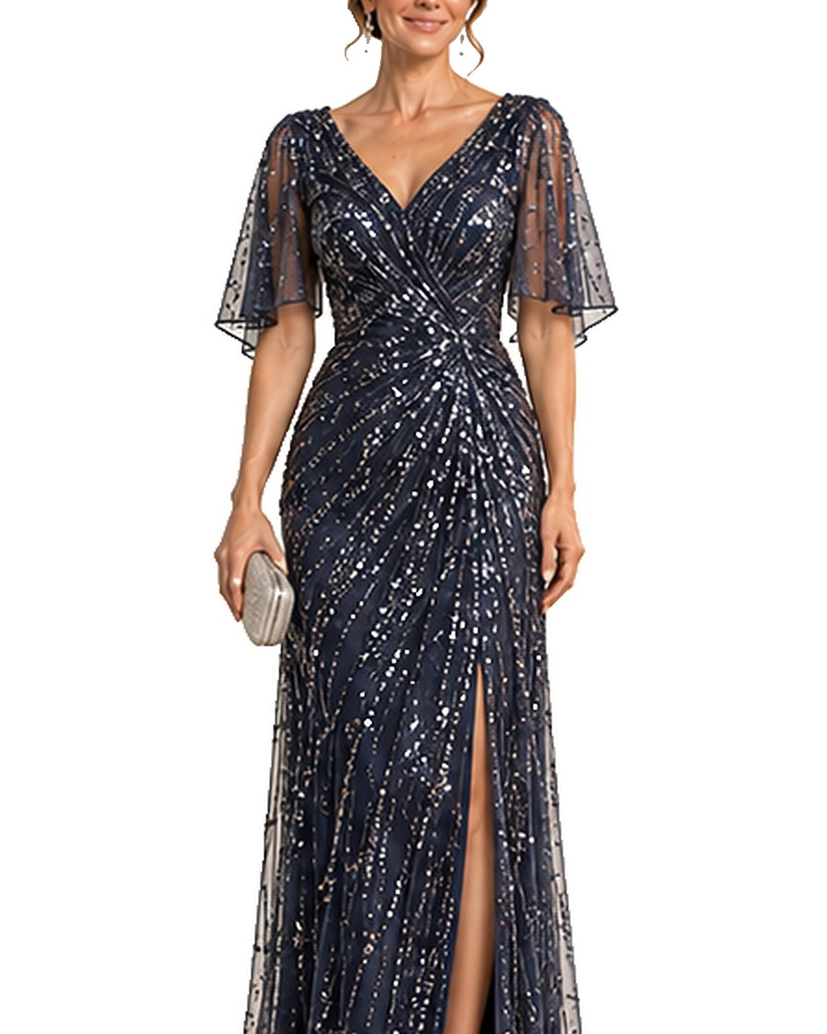 Noelle Sequin-Panel Column Gown - HD sequin detail
