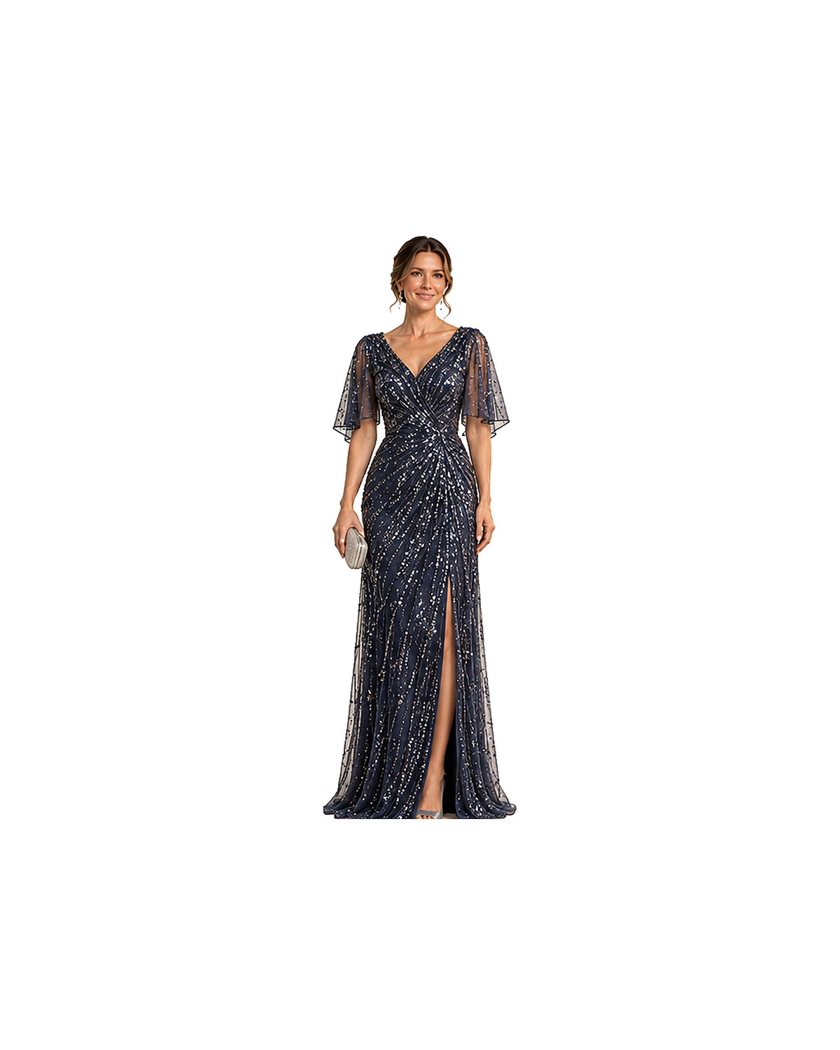 Noelle Sequin-Panel Column Gown - Navy HD color image